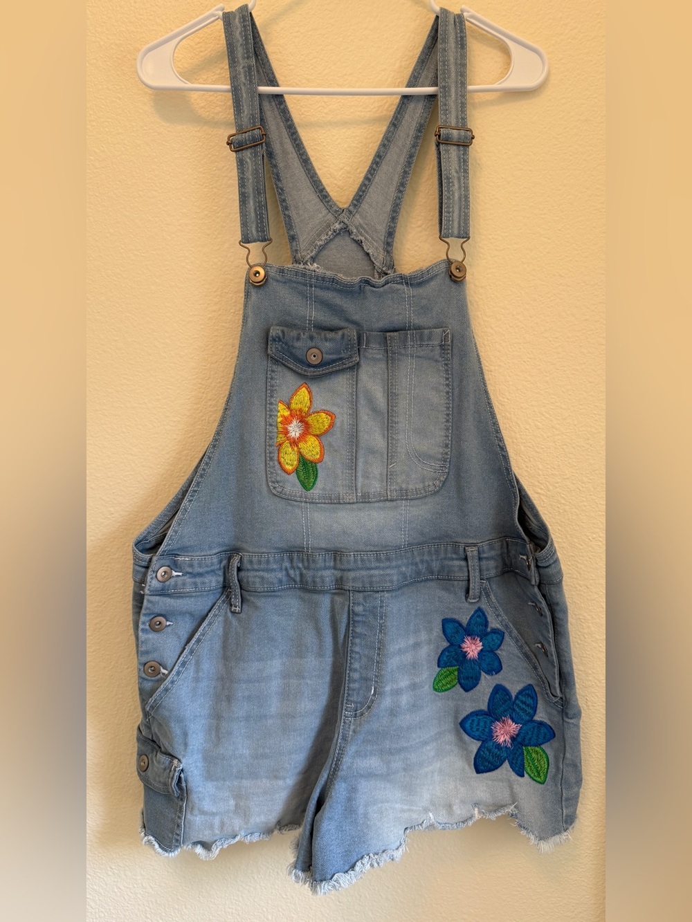 No Boundaries Floral Embroidered Denim Shortalls Overalls XXL 19